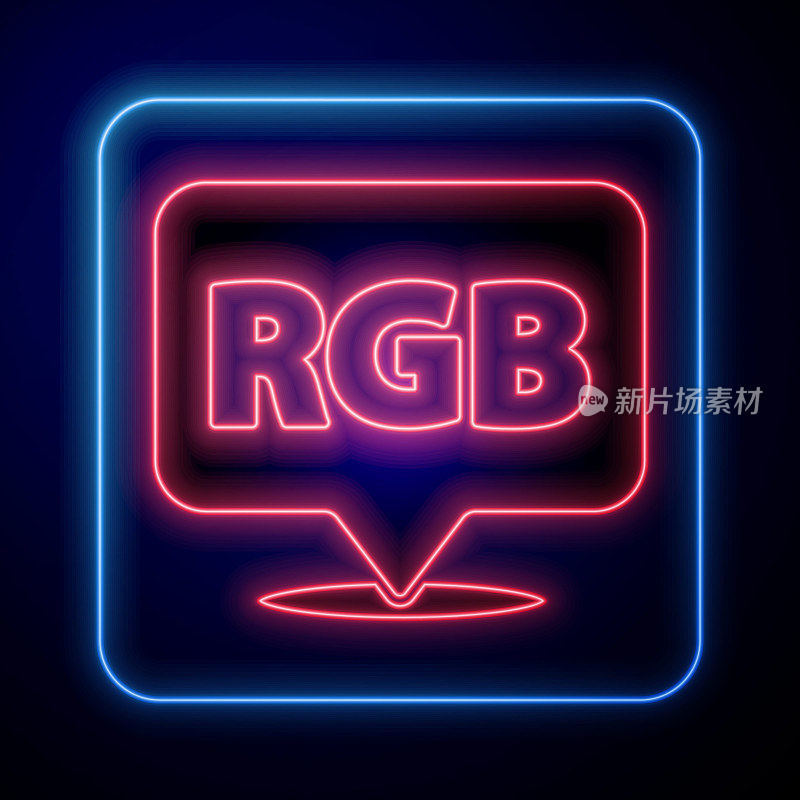 Glowing neon Speech bubble with RGB and CMYK color mixing icon isolated on blue background. Vector Illustration